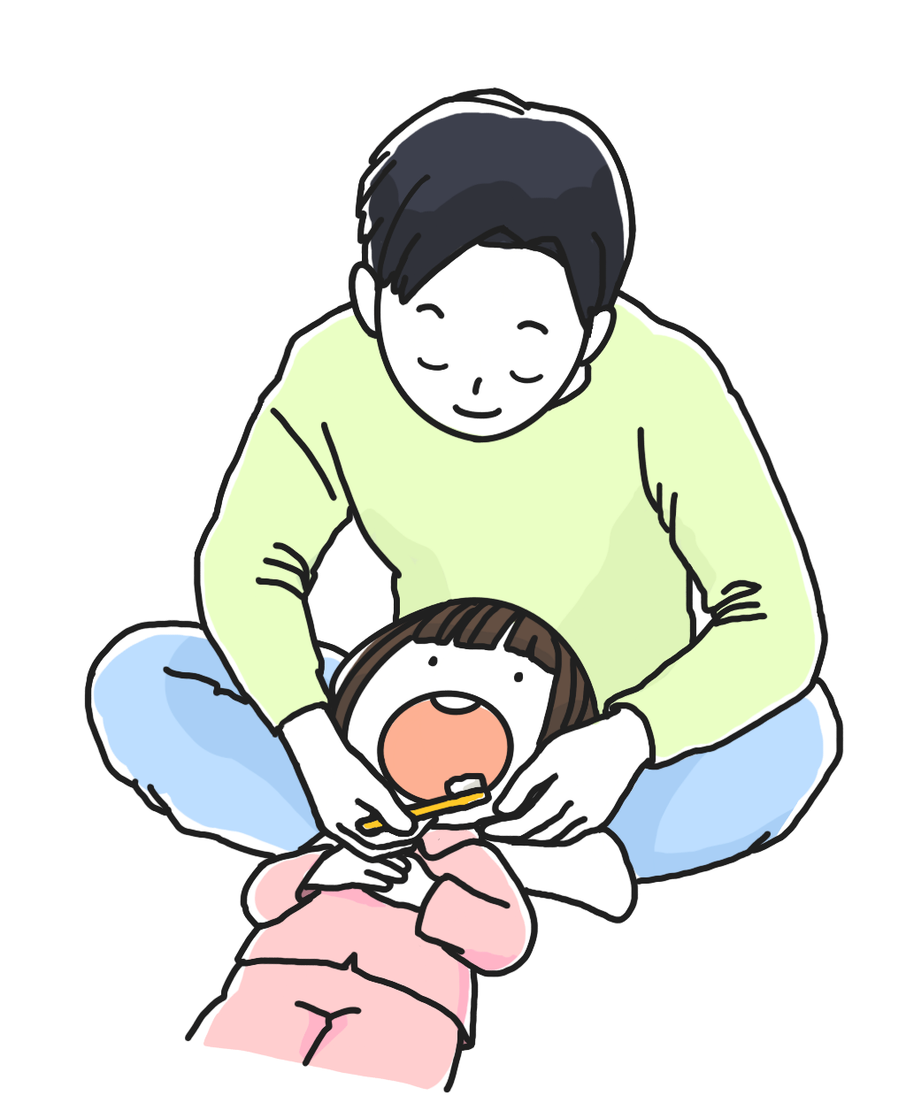 仕上げ磨きをする親子のイラスト