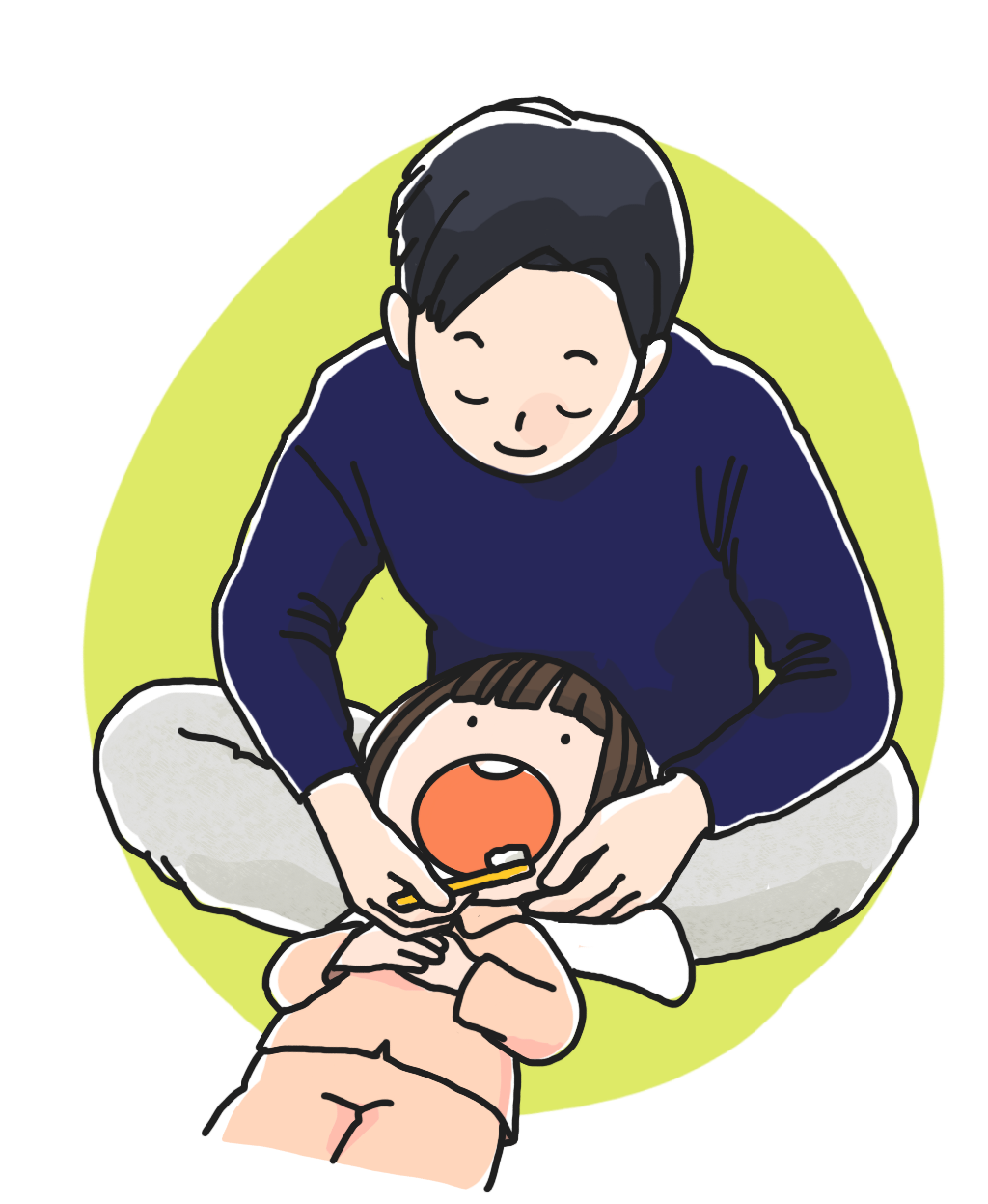 仕上げ磨きをする親子のイラスト