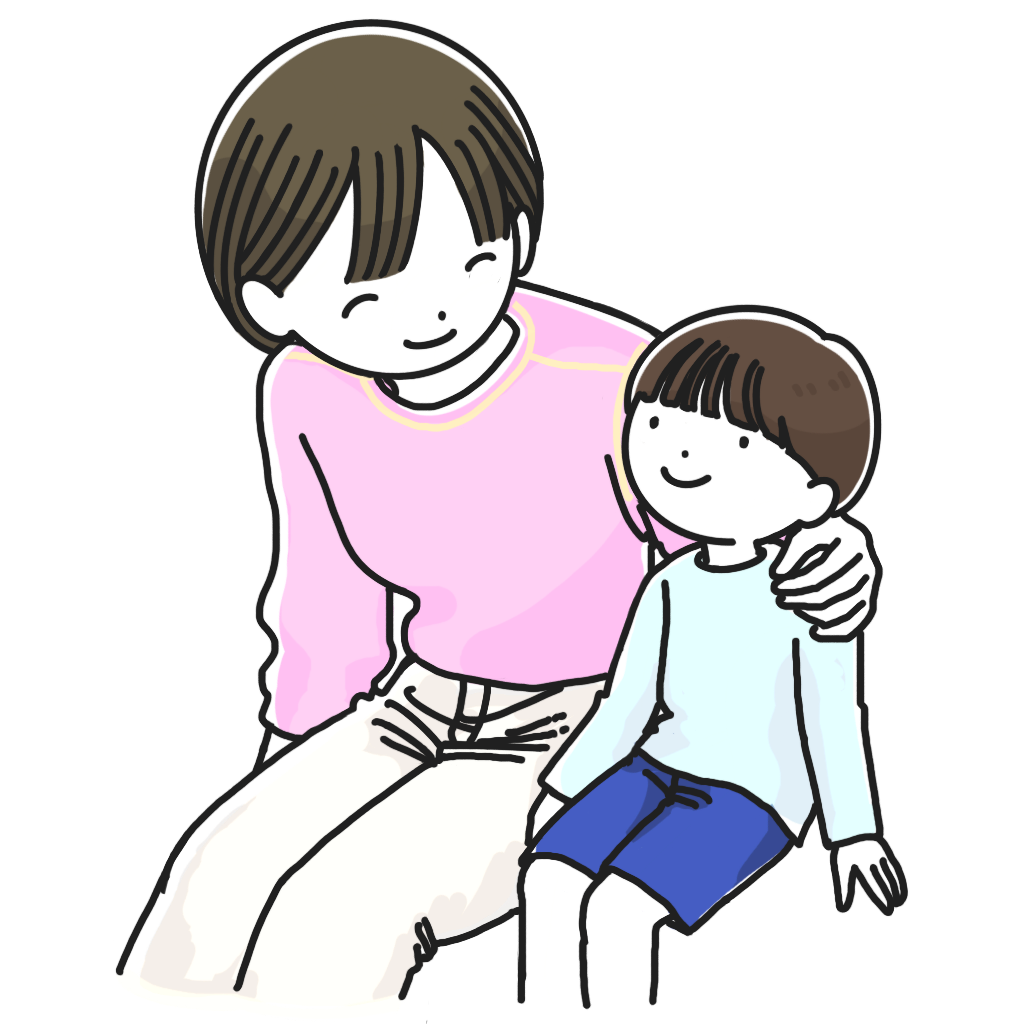 座って話す親子のイラスト